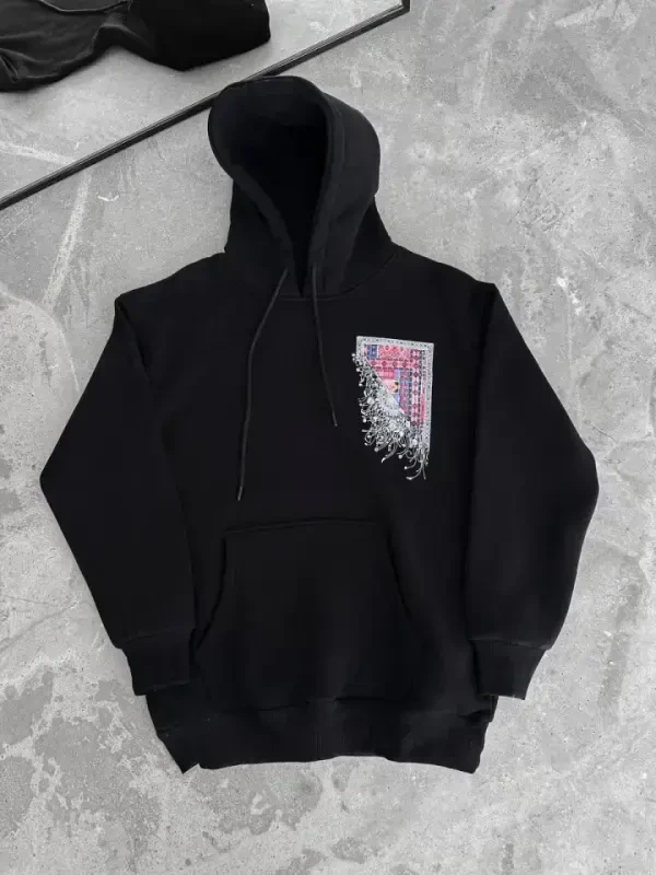 Uzun Kol Kapşonlu Ön Ve Arka Baskılı SweatShirt - Siyah - BÜYÜKBEDENIZ