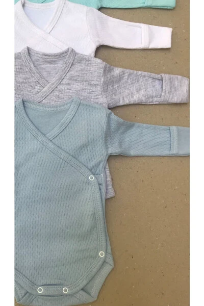 Uzun Kollu Kendinden Eldivenli Çıtçıtlı Badi Kruvaze (5 Lİ PAKET)-krem,su yeşili,beyaz,gri,mavi - BEBEDINO (1)