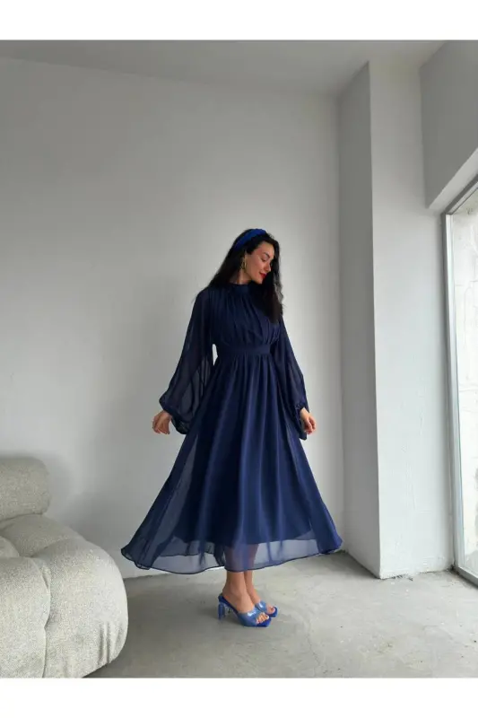 Uzun Kollu Midi Şifon Elbise-lacivert - POPIBUTIK
