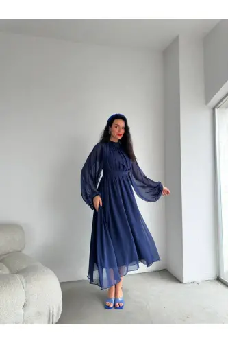 Uzun Kollu Midi Şifon Elbise-lacivert - POPIBUTIK (1)