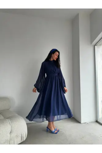 Uzun Kollu Midi Şifon Elbise-lacivert - 1