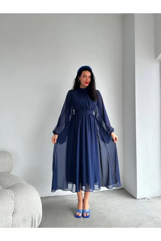 Uzun Kollu Midi Şifon Elbise-lacivert - 3