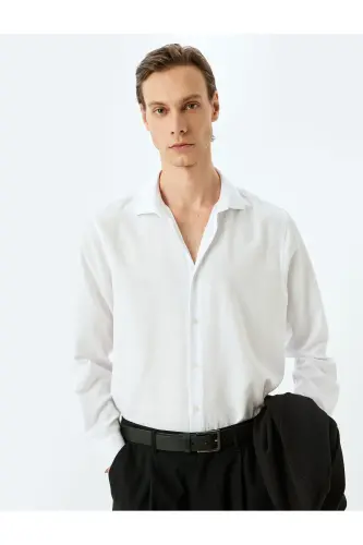 Uzun Kollu Pamuk Karışımlı Yarım İtalyan Yaka Slim Fit Gömlek-Beyaz - 1
