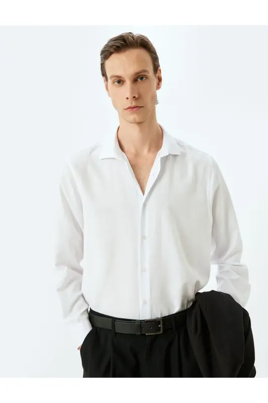 Uzun Kollu Pamuk Karışımlı Yarım İtalyan Yaka Slim Fit Gömlek-Beyaz - 1