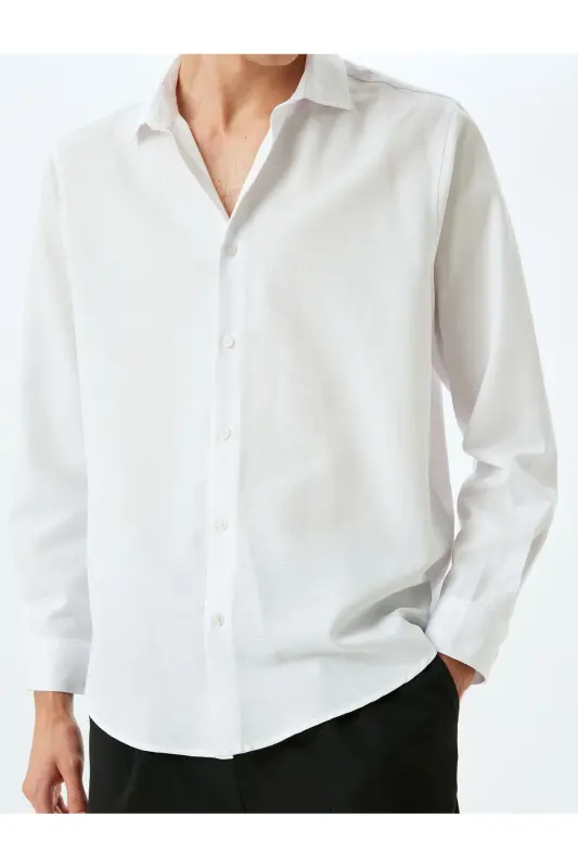 Uzun Kollu Pamuk Karışımlı Yarım İtalyan Yaka Slim Fit Gömlek-Beyaz - 5