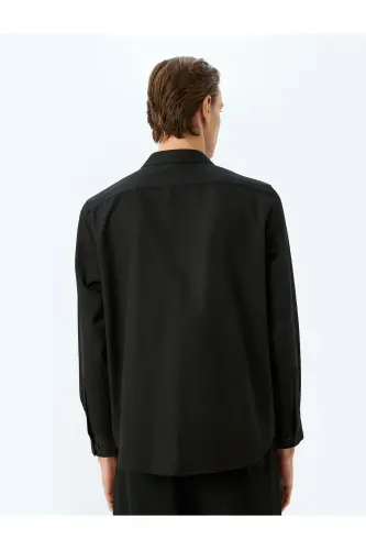 Uzun Kollu Pamuk Karışımlı Yarım İtalyan Yaka Slim Fit Gömlek - Siyah - 4