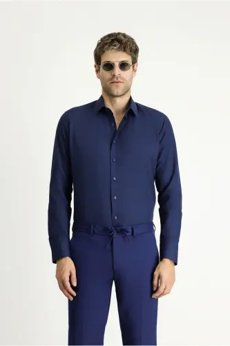 Uzun Kollu Slim Fit Dar Kesim Klasik Pamuklu Kolay Ütülenebilir Gömlek - Orta Lacivert - 3