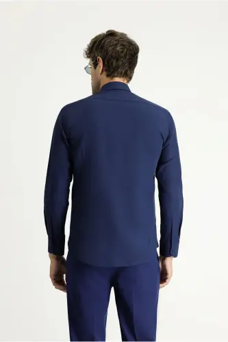 Uzun Kollu Slim Fit Dar Kesim Klasik Pamuklu Kolay Ütülenebilir Gömlek - Orta Lacivert - 5