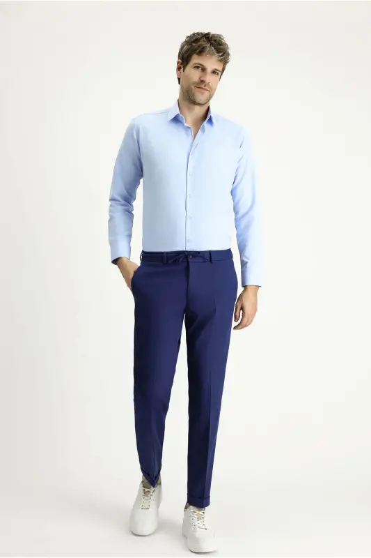 Uzun Kollu Slim Fit Dar Kesim Klasik Pamuklu Kolay Ütülenebilir Gömlek - Açık Mavi - 2