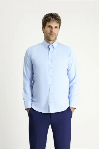 Uzun Kollu Slim Fit Dar Kesim Klasik Pamuklu Kolay Ütülenebilir Gömlek - Açık Mavi - 3