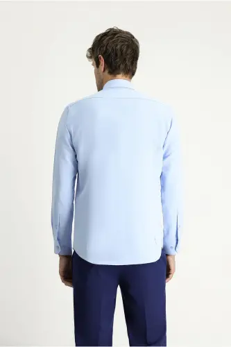 Uzun Kollu Slim Fit Dar Kesim Klasik Pamuklu Kolay Ütülenebilir Gömlek - Açık Mavi - 4