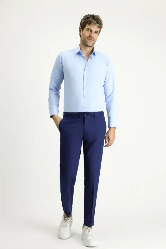 Uzun Kollu Slim Fit Dar Kesim Klasik Pamuklu Kolay Ütülenebilir Gömlek - Açık Mavi - 2