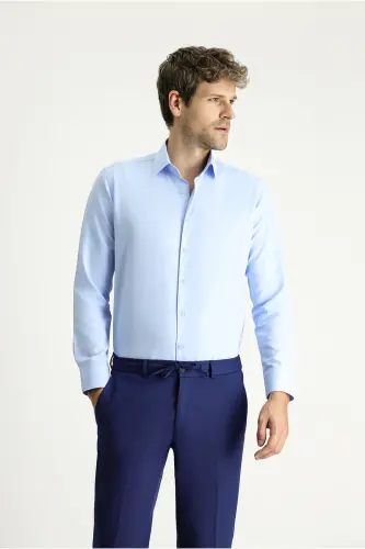 Uzun Kollu Slim Fit Dar Kesim Klasik Pamuklu Kolay Ütülenebilir Gömlek - Açık Mavi 