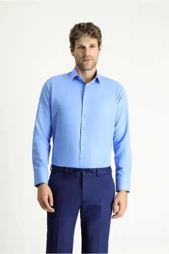 Uzun Kollu Slim Fit Dar Kesim Klasik Pamuklu Kolay Ütülenebilir Gömlek - Mavi 