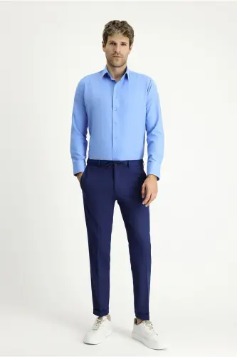 Uzun Kollu Slim Fit Dar Kesim Klasik Pamuklu Kolay Ütülenebilir Gömlek - Mavi - 2