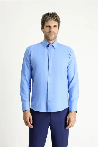 Uzun Kollu Slim Fit Dar Kesim Klasik Pamuklu Kolay Ütülenebilir Gömlek - Mavi - 3