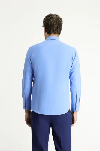 Uzun Kollu Slim Fit Dar Kesim Klasik Pamuklu Kolay Ütülenebilir Gömlek - Mavi - 4