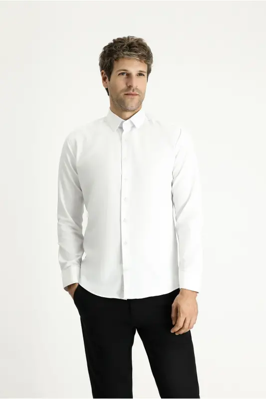 Uzun Kollu Slim Fit Dar Kesim Klasik Pamuklu Kolay Ütülenebilir Gömlek - Beyaz - 3