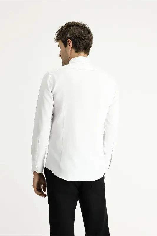 Uzun Kollu Slim Fit Dar Kesim Klasik Pamuklu Kolay Ütülenebilir Gömlek - Beyaz - 4