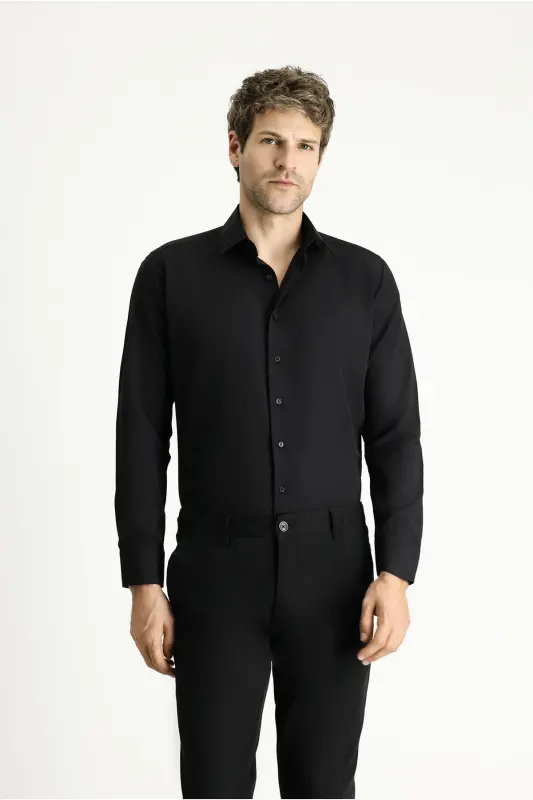 Uzun Kollu Slim Fit Dar Kesim Klasik Pamuklu Kolay Ütülenebilir Gömlek - Siyah - 1