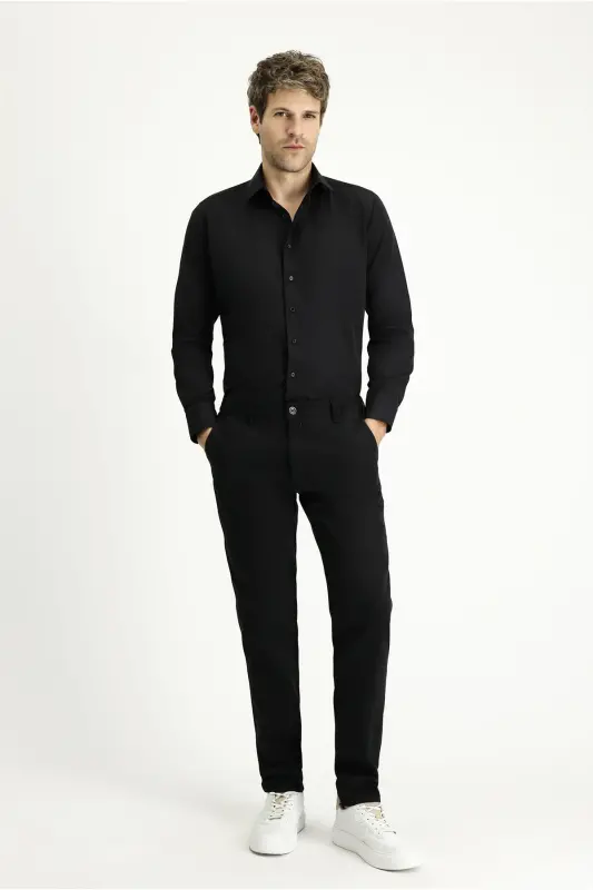 Uzun Kollu Slim Fit Dar Kesim Klasik Pamuklu Kolay Ütülenebilir Gömlek - Siyah - 2