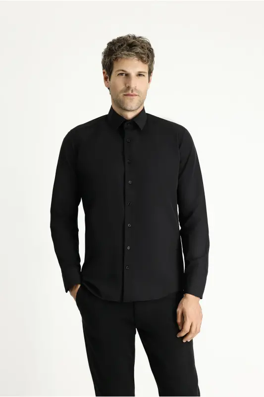 Uzun Kollu Slim Fit Dar Kesim Klasik Pamuklu Kolay Ütülenebilir Gömlek - Siyah - 3