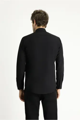 Uzun Kollu Slim Fit Dar Kesim Klasik Pamuklu Kolay Ütülenebilir Gömlek - Siyah - 4