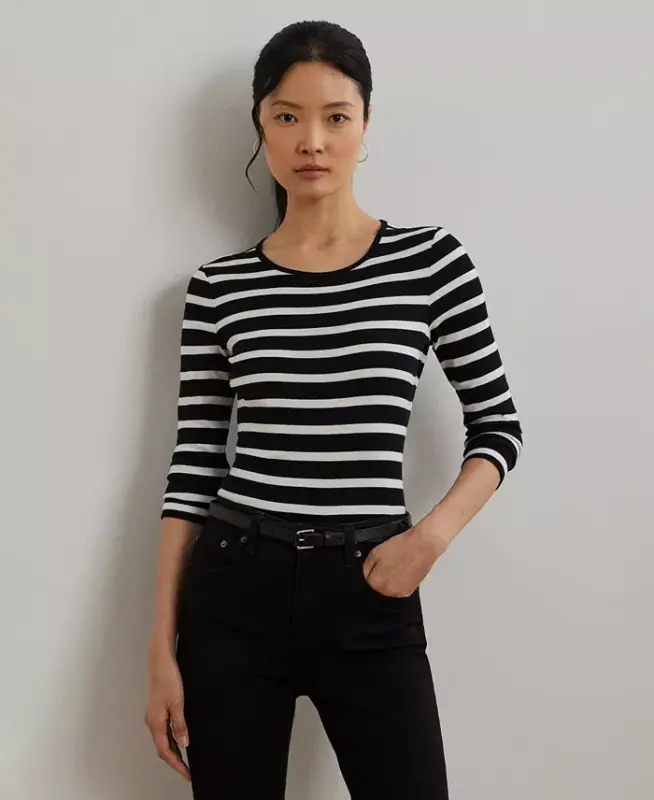 Long-Sleeve Stretch T-Shirt-Black/white - LAUREN RALPH LAUREN