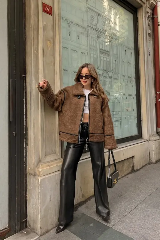 Uzun Kürklü Deri Ceket-Çok Renkli - LACASE