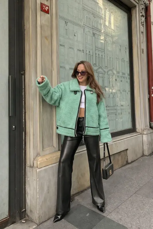 Uzun Kürklü Deri Ceket-Yeşil - LACASE