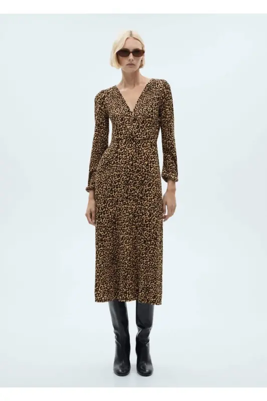Uzun leopar elbise - Kahverengi - 2