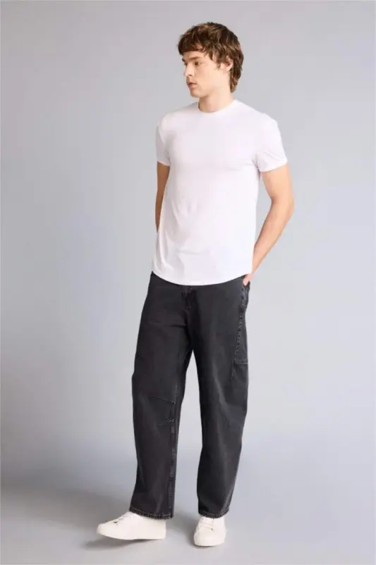 Uzun Muskulli Fit Velosiped Yaka Asosidagi Qisqa Yelkali Futbolka Oq - 2