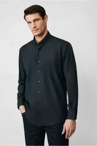 Uzun Qo'l Regular Fit Non Iron Dazmol Talab Qilmaydigan Paxta Ko'ylak-Qora - 4
