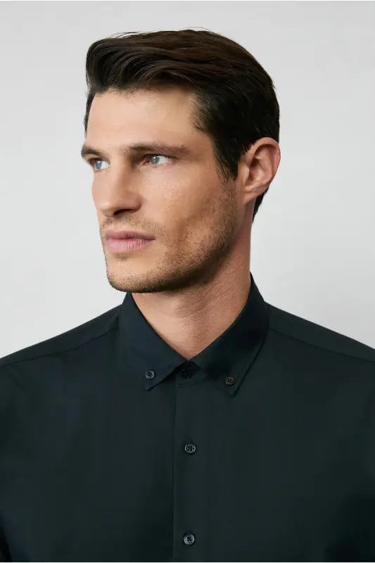 Uzun Qo'l Regular Fit Non Iron Dazmol Talab Qilmaydigan Paxta Ko'ylak-Qora - 6