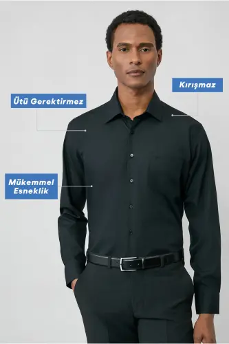 Uzun Qo'l Regular Fit Non Iron Dazmol Talab Qilmaydigan Paxta Ko'ylak-Qora 