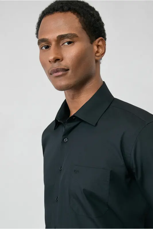 Uzun Qo'l Regular Fit Non Iron Dazmol Talab Qilmaydigan Paxta Ko'ylak-Qora - 6