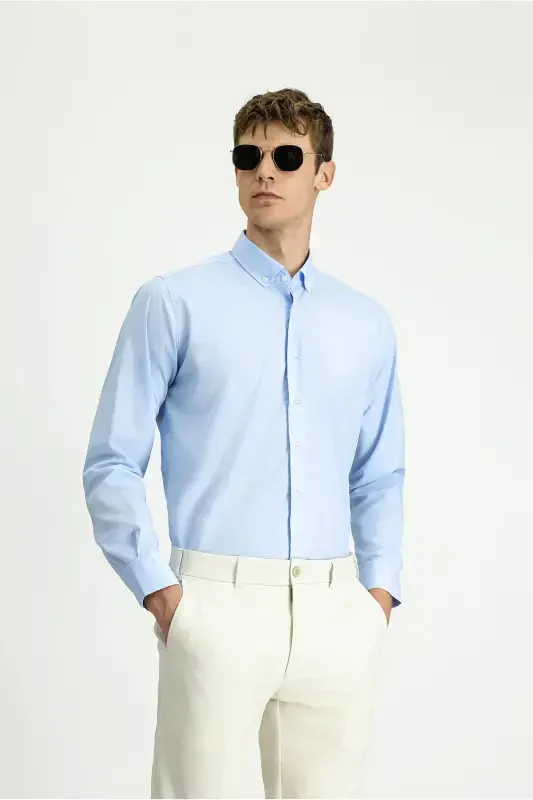 Uzun Qo'l Regular Fit Non Iron Dazmol Talab Qilmaydigan Paxta Tugmali Yoqali Ko'ylak-Och Moviy - KIĞILI