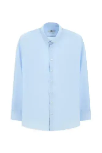 Uzun Qo'l Regular Fit Non Iron Dazmol Talab Qilmaydigan Paxta Tugmali Yoqali Ko'ylak-Och Moviy - 7