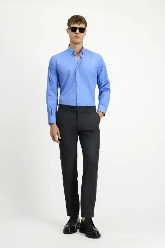 Uzun Qo'l Regular Fit Non Iron Dazmollash talab qilinmaydigan Paxta Tugmali Yoqali Ko'ylak - Aqua Moviy - 2