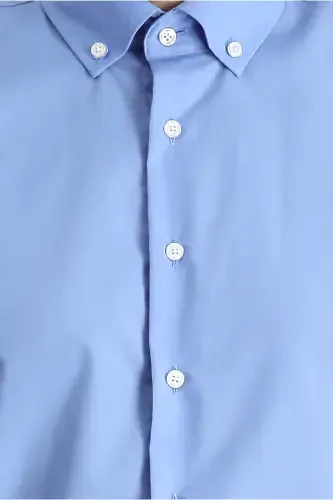 Uzun Qo'l Regular Fit Non Iron Dazmollash talab qilinmaydigan Paxta Tugmali Yoqali Ko'ylak - Aqua Moviy - 6