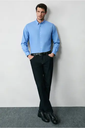 Uzun Qo'l Regular Fit Non Iron Dazmollash talab qilinmaydigan Paxta Tugmali Yoqali Ko'ylak - Aqua Moviy - 3