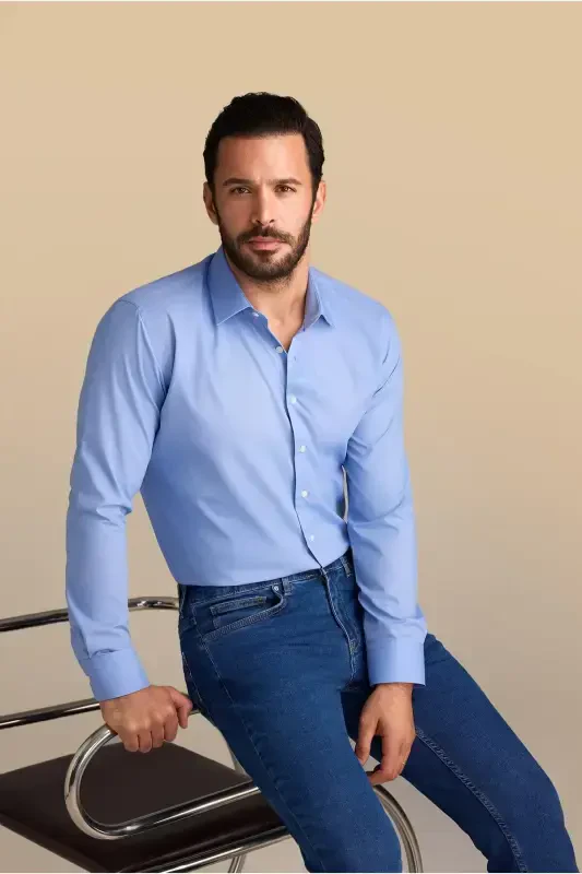 Uzun Qol Slim Fit Tor Kesim Non Iron Dazmol Talab Qilmaydigan Paxta Ko'ylak-Aqua Moviy - KIĞILI
