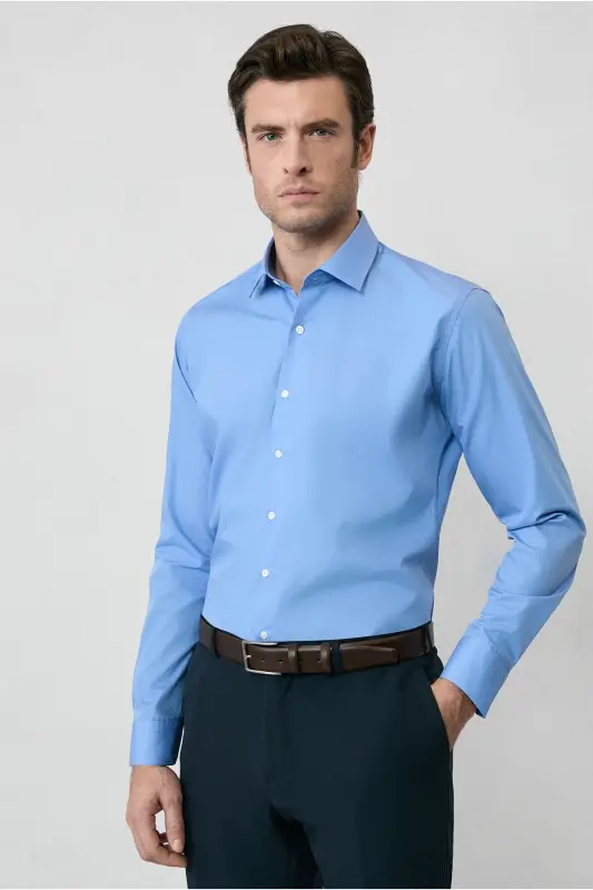 Uzun Qol Slim Fit Tor Kesim Non Iron Dazmol Talab Qilmaydigan Paxta Ko'ylak-Aqua Moviy - 2