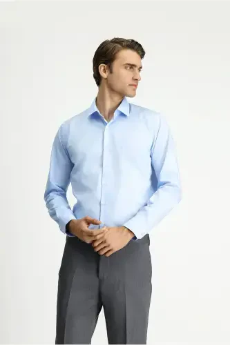 Uzun Qo'l Slim Fit Tor Kiyim Non Iron Dazmol Talab Qilmaydigan Paxta Ko'ylak-Och Moviy - 1