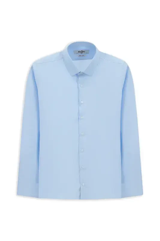 Uzun Qo'l Slim Fit Tor Kiyim Non Iron Dazmol Talab Qilmaydigan Paxta Ko'ylak-Och Moviy - 6