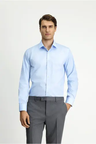 Uzun Qo'l Slim Fit Tor Kiyim Non Iron Dazmol Talab Qilmaydigan Paxta Ko'ylak-Och Moviy - 3
