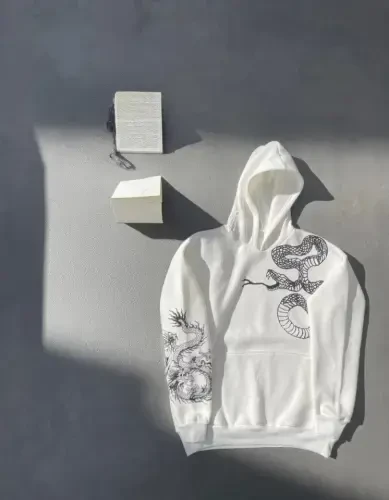 Uzun Qo'lli Kapüşonli Bosma Sweatshirt - Oq - BÜYÜKBEDENIZ (1)