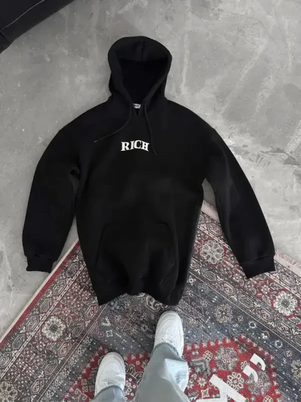Uzun Qo'lli Kapüşonli Ko'krak Bosmali Sweatshirt - Qora - 2