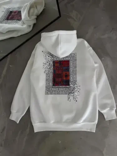 Uzun Qo'lli Kapüşonli Old va Orqa Bosmali Sweatshirt - Oq - BÜYÜKBEDENIZ (1)
