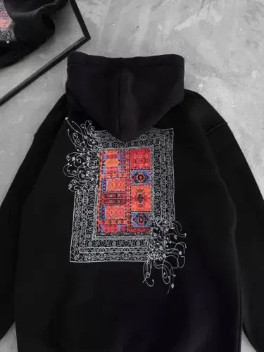 Uzun Qo'lli Kapüşonli Old Va Orqa Bosmali SweatShirt - Qora - BÜYÜKBEDENIZ (1)